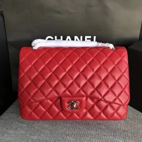 Chanel Maxi borsa classica trapuntata con patta in pelle di montone rossa A58601 argento