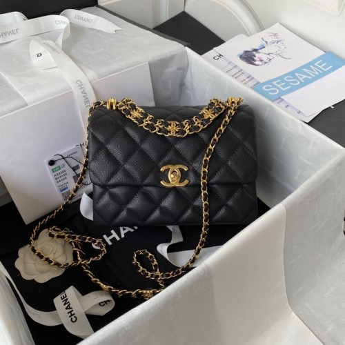 Chanel BORSA PICCOLA CON PATTA Pelle di vitello granulata Metallo tonalità oro AS3580 nera