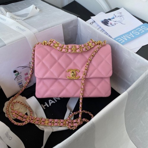 Chanel BORSA PICCOLA CON PATTA Pelle di vitello granulata Metallo tonalità oro AS3580 rosa