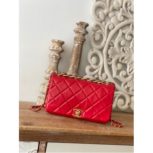 Chanel PICCOLA BORSA CON PATTA Pelle di agnello Metallo tono oro AS3367 rosso