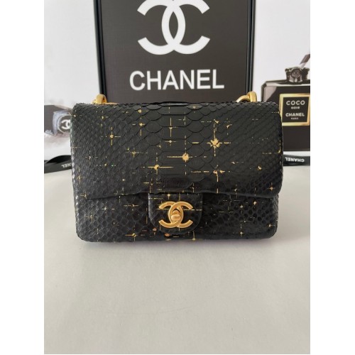 Chanel BORSA PICCOLA CON PATTA Pelle di serpente Metallo tono oro AS3214 nero&oro