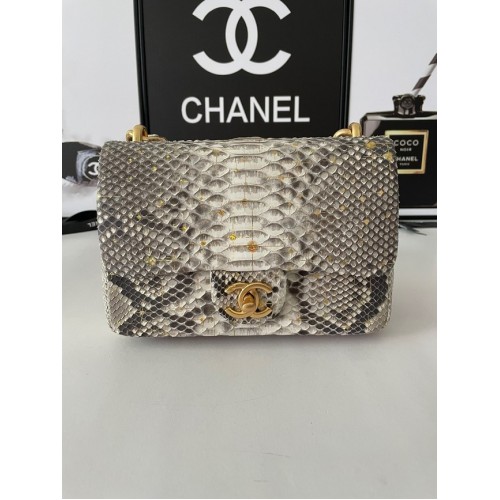 BORSA PICCOLA CON PATTA Chanel Pelle di serpente Metallo tono oro AS3214 grigio