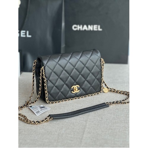 Borsa con patta Chanel PICCOLA Pelle di vitello granulata Metallo color oro AS3467 nera