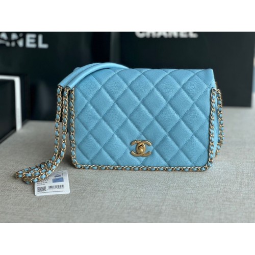Borsa con patta Chanel PICCOLA Pelle di vitello granulata Metallo color oro AS3467 azzurro
