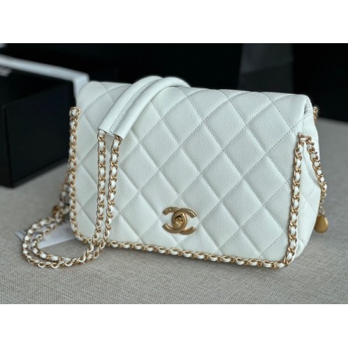 Borsa con patta Chanel PICCOLA Pelle di vitello granulata Metallo color oro AS3467 bianco