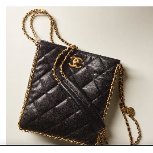 BORSA SHOPPING PICCOLA Chanel Pelle di vitello granulata metallo tonalità oro AS3470 nera