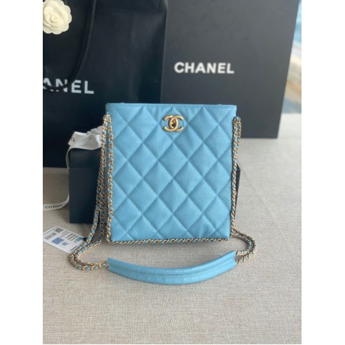 Chanel BORSA SHOPPING PICCOLA Pelle di vitello granulata metallo dorato AS3470 azzurro