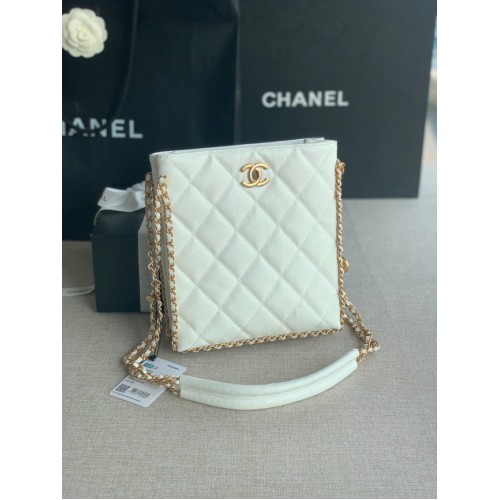 Chanel BORSA SHOPPING PICCOLA Pelle di vitello granulata metallo dorato AS3470 bianco