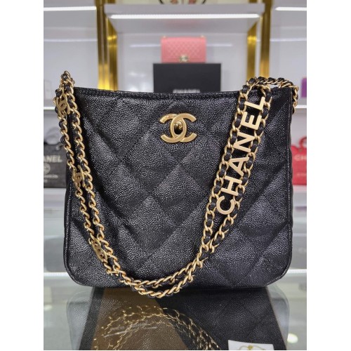 Borsa a tracolla Chanel Pelle di vitello granulata e metallo effetto dorato AS3223 nera