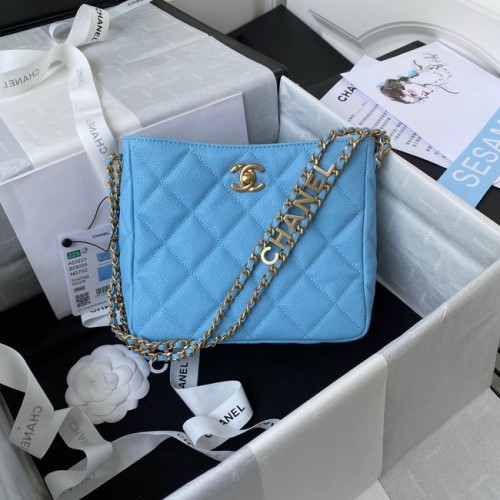 Borsa a tracolla Chanel Pelle di vitello granulata e metallo effetto dorato AS3223 blu