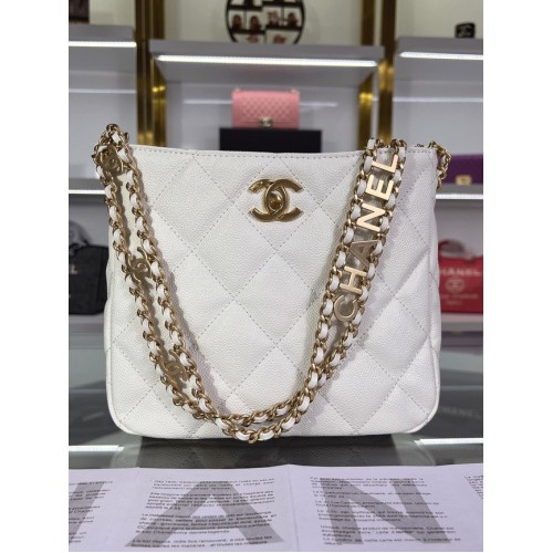 Borsa a tracolla Chanel Pelle di vitello granulata e metallo effetto dorato AS3223 bianca