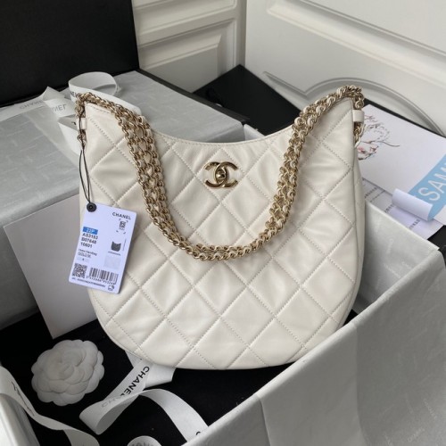 Borsa a tracolla Chanel in pelle di agnello in metallo dorato chiaro AS3153 bianco