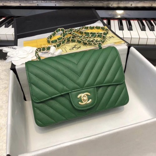 Chanel borsa piccola classica pelle di vitello granulata metallo color oro A69900 verde
