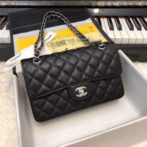 Borsa a mano piccola classica Chanel Pelle di vitello granulata metallo tono argento A01113 nera