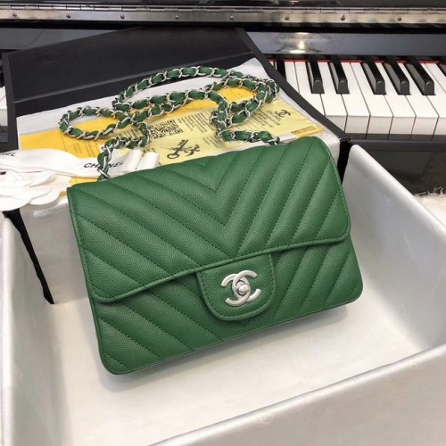 Chanel borsa piccola classica pelle di vitello granulata metallo tono argento A69900 verde