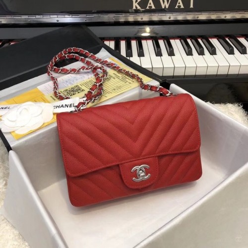Chanel borsa piccola classica pelle di vitello granulata metallo tono argento A69900 rosso