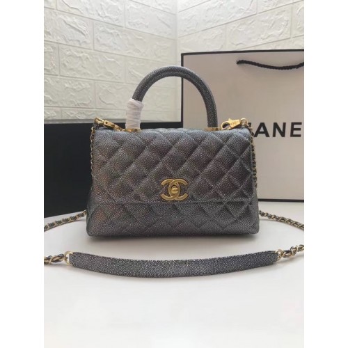 Borsa piccola con patta Chanel con manico superiore A92990 Grigio argento