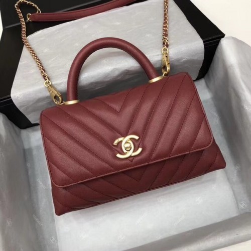 Borsa piccola con patta Chanel con manico superiore A92990 Vino