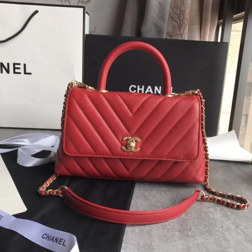 Borsa piccola con patta Chanel con manico superiore A92990 rossa