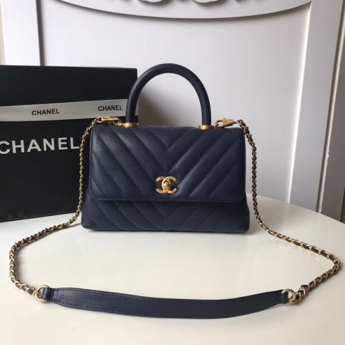 Borsa piccola con patta Chanel con manico superiore A92991 Blu scuro