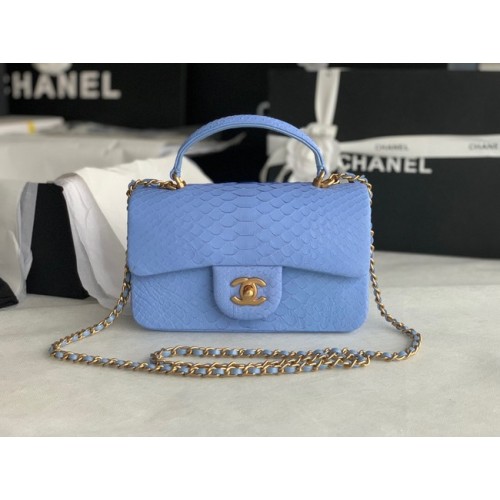 Borsa Chanel mini patta in pelle di serpente con manico superiore AS2431 blu