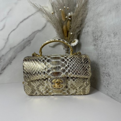 Borsa Chanel mini patta in pelle di serpente con manico superiore AS2431 oro