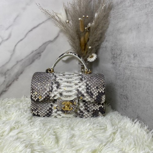 Mini borsa con patta in pelle di serpente Chanel con manico superiore AS2431 grigio