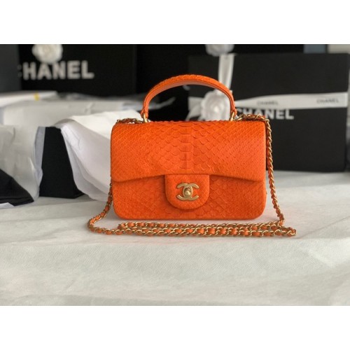 Borsa Chanel mini patta in pelle di serpente con manico superiore AS2431 arancione