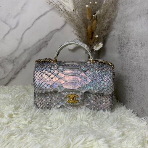 Borsa Chanel mini patta in pelle di serpente con manico superiore AS2431 argento