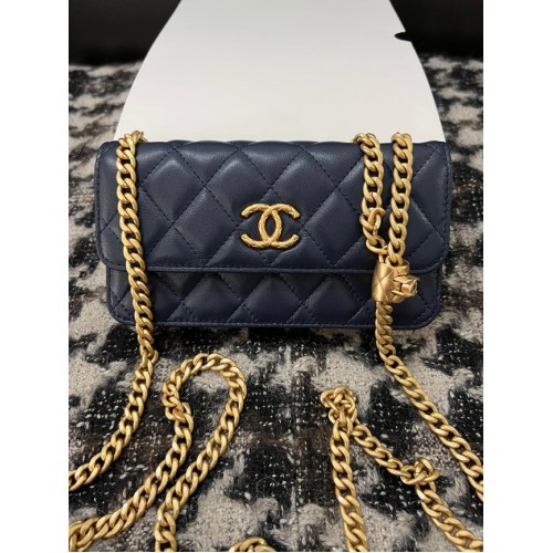 Chanel PORTAFOGLIO CON CATENA Pelle di agnello metallo tono oro 68107 blu scuro