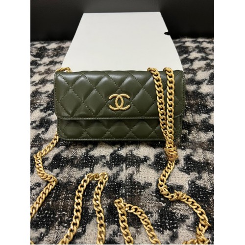 Chanel PORTAFOGLIO CON CATENA Pelle di agnello metallo tono oro 68107 verde