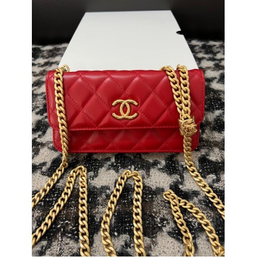 Chanel PORTAFOGLIO CON CATENA Pelle di agnello metallo tono oro 68107 rosso