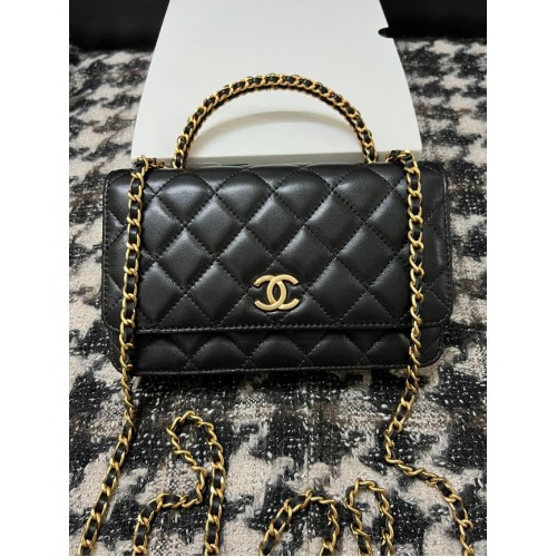 Chanel PORTAFOGLIO CON CATENA Pelle di agnello metallo tono oro 68113 nero