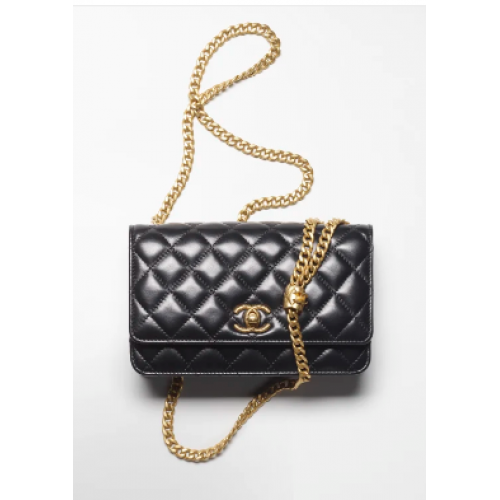 Chanel PORTAFOGLIO CON CATENA Pelle di agnello metallo tono oro AP3043 nero