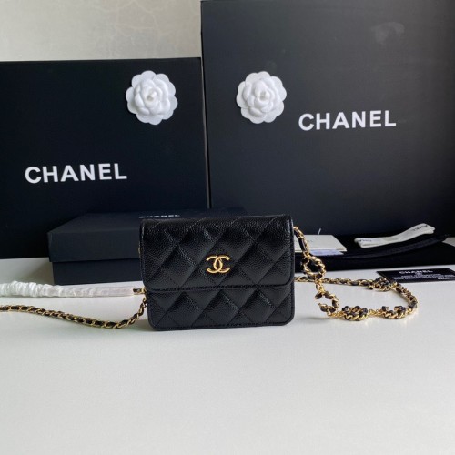 Borsa da cintura Chanel WOC originale in pelle di caviale 2306 nera