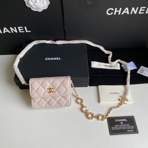 Borsa da cintura Chanel WOC originale in pelle di caviale 2306 rosa chiaro
