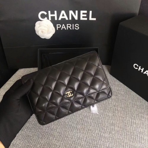 Borsa con patta Chanel WOC Pelle di montone originale nera 33814 Argento