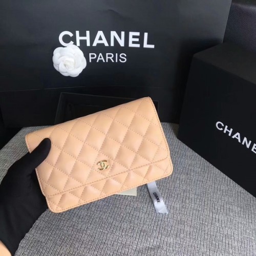 Borsa con patta Chanel WOC Cammello Pelle di montone originale 33814 Glod