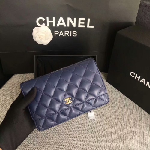 Borsa con patta Chanel WOC blu scuro pelle di montone originale 33814 Glod