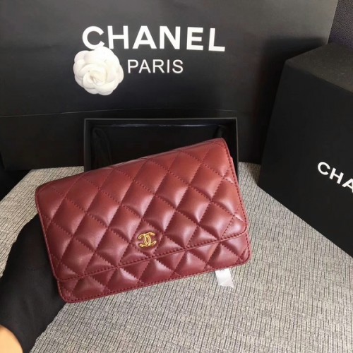Borsa con patta Chanel WOC rosso scuro pelle di montone originale 33814 Glod