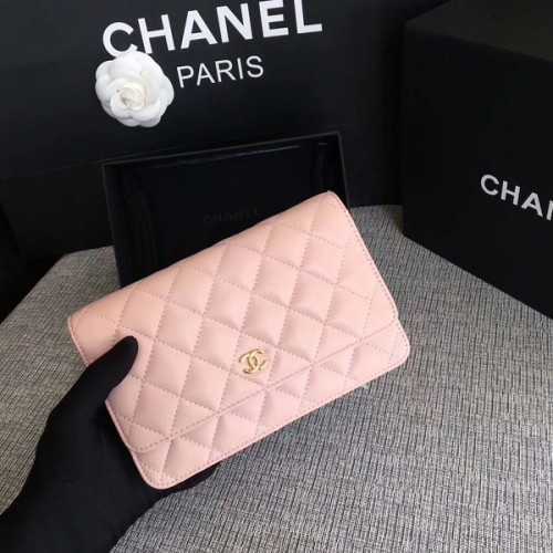 Borsa con patta Chanel WOC Rosa chiaro Pelle di montone originale 33814 Glod