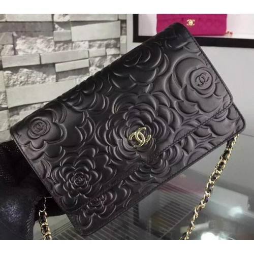 Borsa con patta Chanel WOC originale in pelle di camelia nera A5373 oro