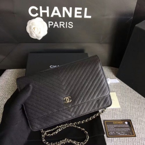 Borsa a tracolla con patta Chanel WOC Pelle di vitello nera A33814 Argento