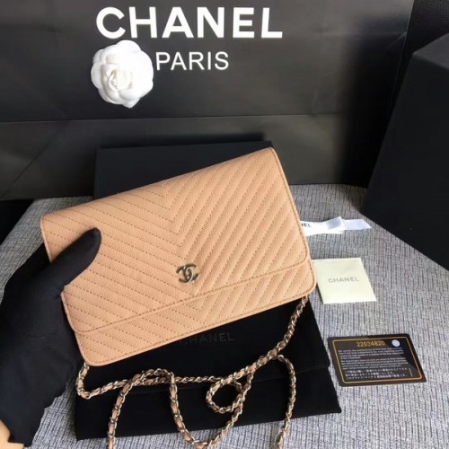 Borsa a tracolla con patta Chanel WOC pelle di vitello cammello A33814 argento