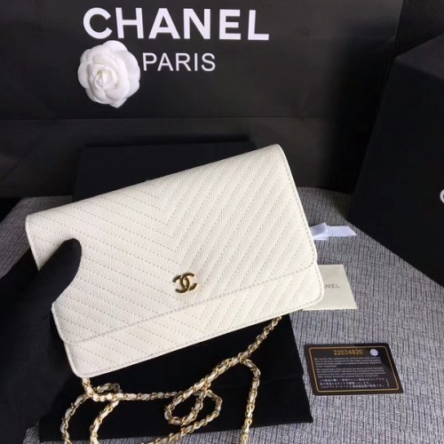 Borsa a tracolla con patta Chanel WOC in pelle di vitello bianco sporco A33814 oro