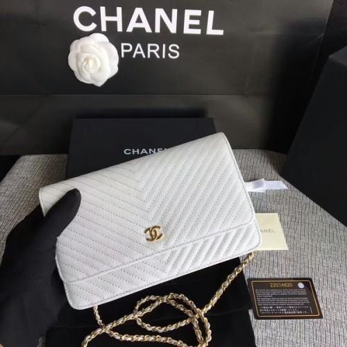 Borsa a tracolla con patta Chanel WOC Pelle di vitello bianca A33814 oro