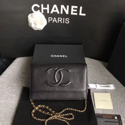 Borsa a tracolla nera in pelle di vitello originale Chanel WOC 33814 Glod