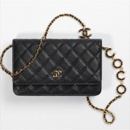 Borsa a tracolla Chanel WOC Original Caviar Leather Flap CC33814 neraCatena dorata