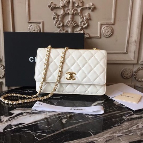 Borsa a tracolla in pelle di montone originale Chanel WOC D33814 bianco sporco