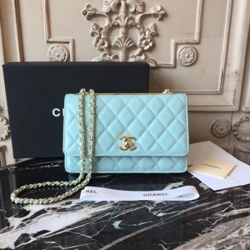 Borsa a tracolla in pelle di montone originale Chanel WOC D33814 Skyblue